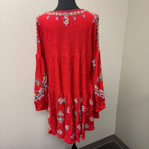 Free People Red Embroidered Boho Tunic Top Hi Low Festival Chic - Picture 5 of 10